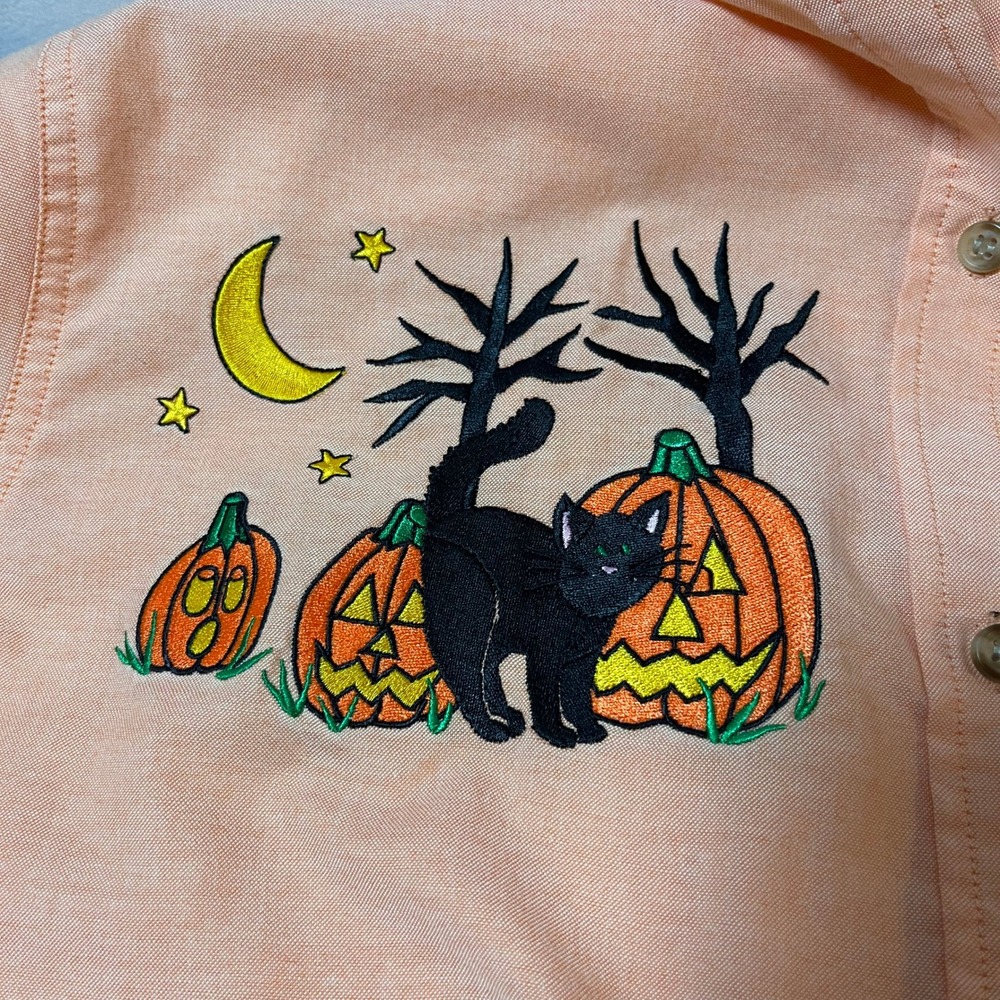 Vintage Halloween Embroidered Button Up Black Cat Pumpkin Moon Spooky Sz Medium - Picture 8 of 11